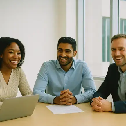 two men and a woman smiling