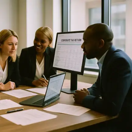 man and two women filling in corporate tax return