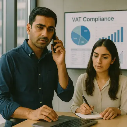 man and woman checking vat compliance
