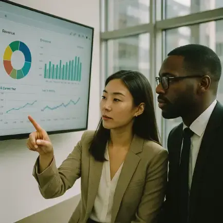 man and woman looking at chart