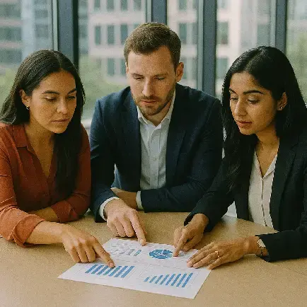 two women and man looking at chart