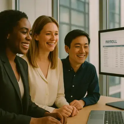 man and two women looking at payroll