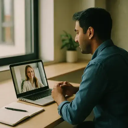 man on video call with woman