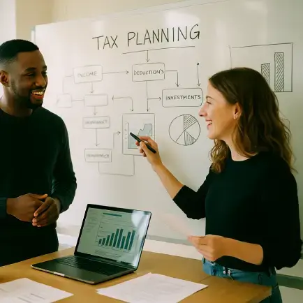 man and woman discussing tax planning